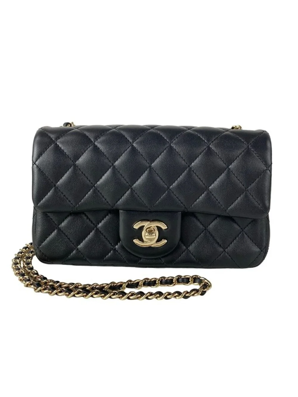 Chanel Shoulder Bag Mini Quilted Black Ball Chain Gold Metal Lambskin